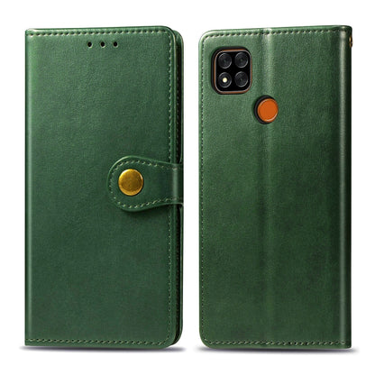Green leather phone wallet case with buckle strap closure and card slot; rear camera cutout shown.