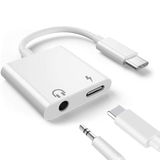 White USB-C to 3.5mm headphone adapter with dual ports and attached cable