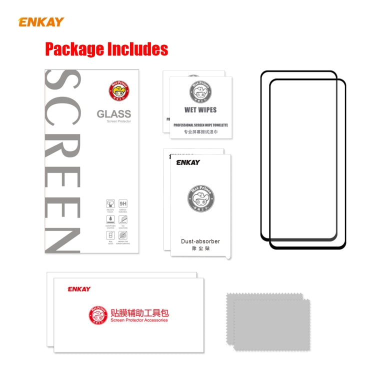 Tempered glass screen protector package includes cleaning wipes and screen accessories