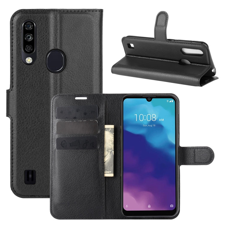 Black leather-style wallet flip phone case with card slots and phone stand.