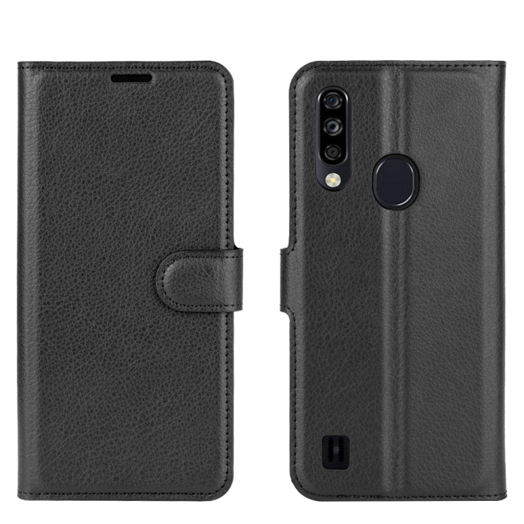 Black leather-style wallet flip phone case with fold-over front and back cover.