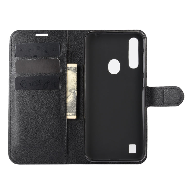 Black leather-style wallet flip phone case open view with card holder and phone back.