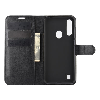 Black leather-style wallet flip phone case open view with card holder and phone back.