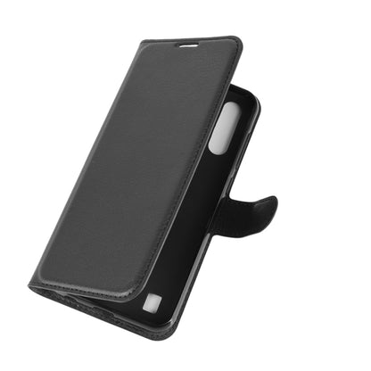 Black leather-style wallet flip phone case with side cover and cutout for port access.