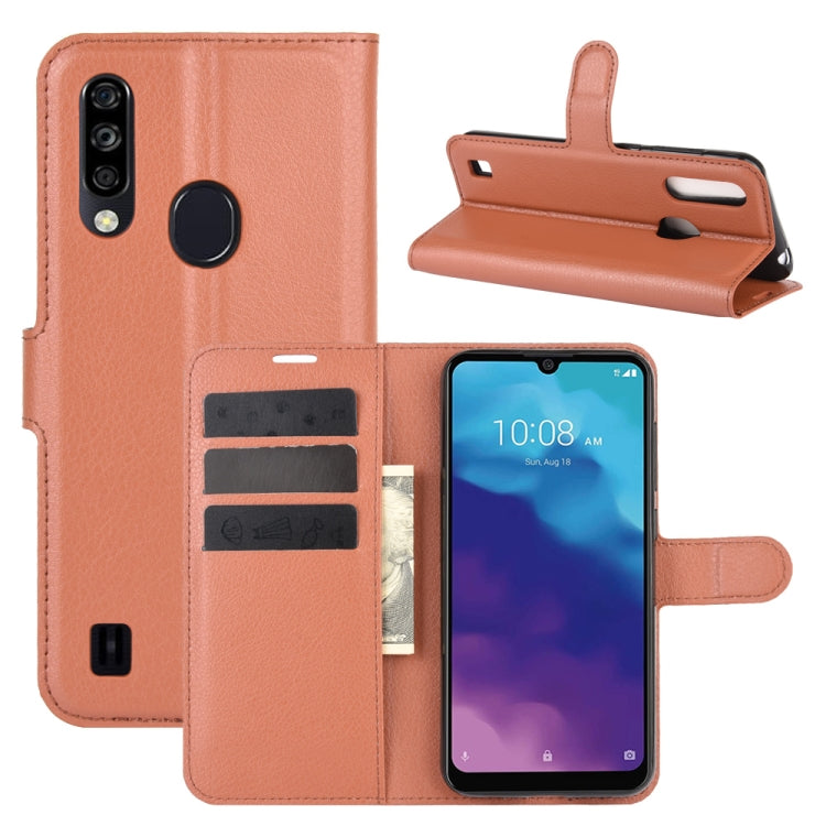 Brown flip phone wallet case with card slots and stand for fingerprint phone