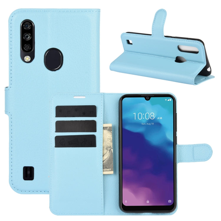 Light blue flip phone wallet case with card slots and stand for fingerprint phone