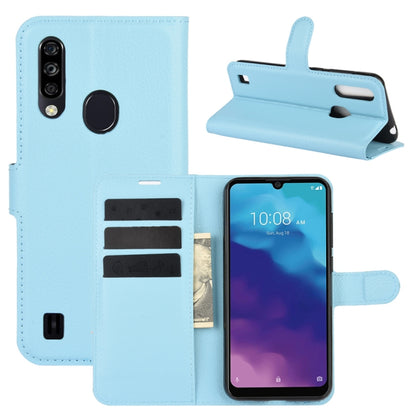 Light blue flip phone wallet case with card slots and stand for fingerprint phone