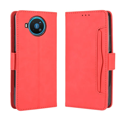 Red wallet-style leather phone case with card slot and camera cutout, for Nokia 8.3 5G