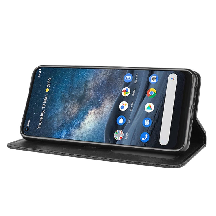 Nokia 8.3 5G flip leather case with stand mode showing dark phone screen