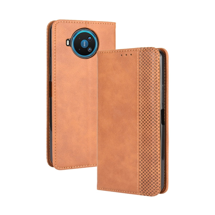 Brown leather flip phone case with camera cutout and textured side panel.