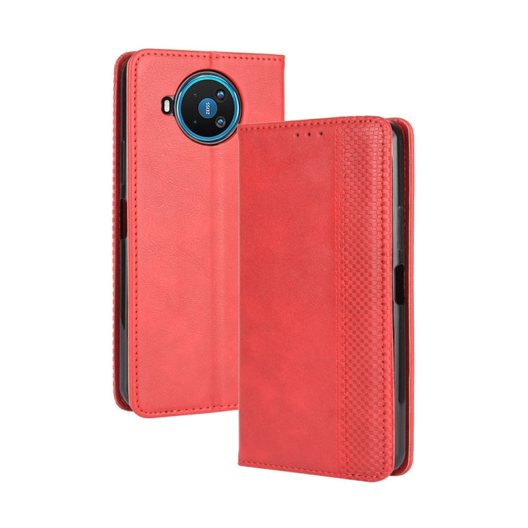 Red leather flip phone case with camera cutout and textured side panel.
