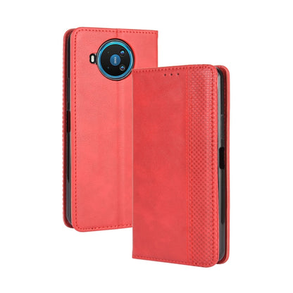 Red leather flip phone case with camera cutout and textured side panel.