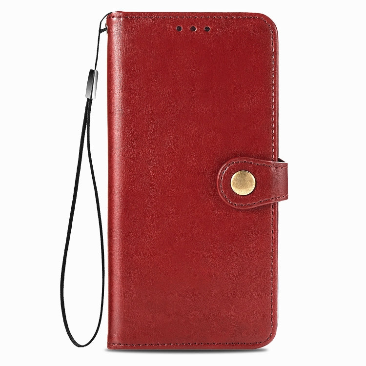 Red leather flip phone case with magnetic snap and wrist strap