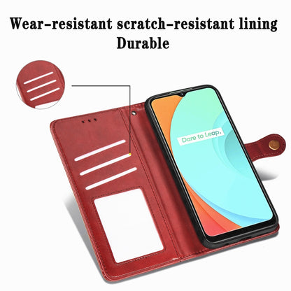 Red leather wallet phone case interior with card slots and phone window