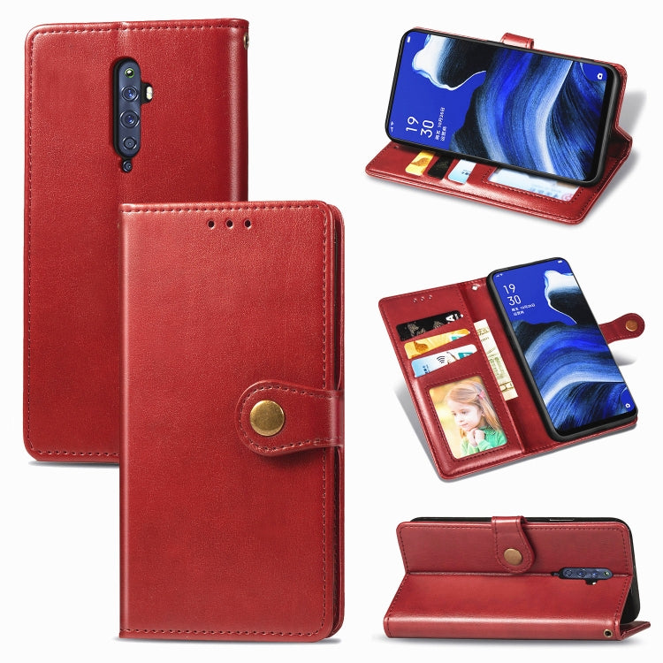 Red leather phone case with magnetic flap and card slots, back camera cutout