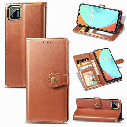Brown leather phone case with magnetic flap and card slots, back camera cutout