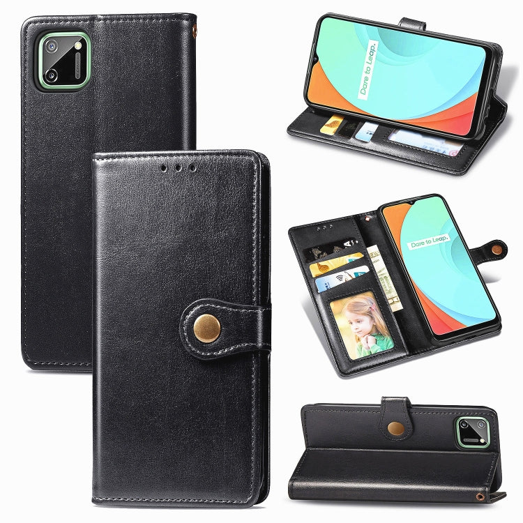 Black leather phone case with magnetic flap and card slots, back camera cutout