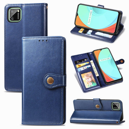 Blue leather phone case with magnetic flap and card slots, back camera cutout