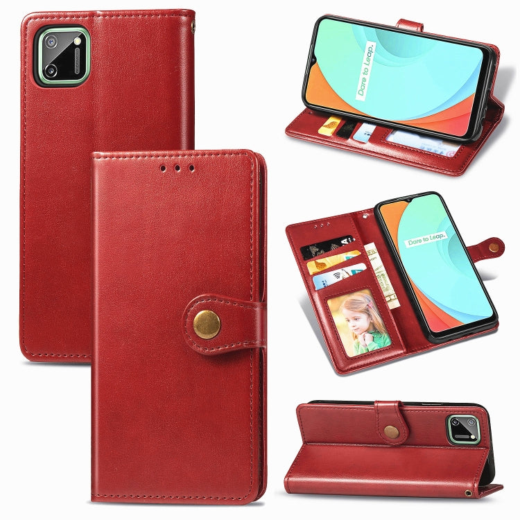 Red leather phone case with magnetic flap and card slots, back camera cutout