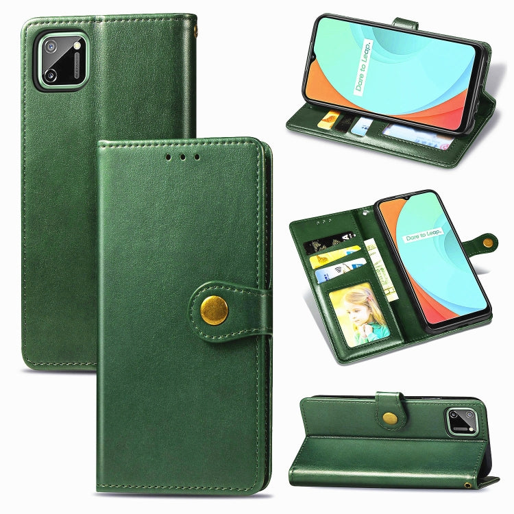 Green leather phone case with magnetic flap and card slots, back camera cutout