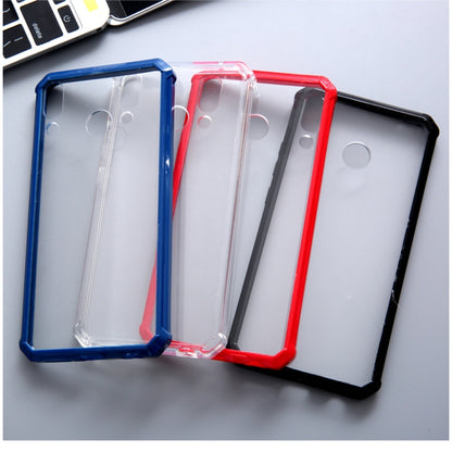 Transparent TPU phone case with red, blue, and black protective edges