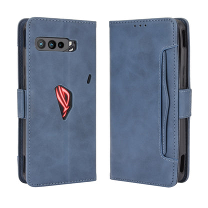 Blue wallet-style leather phone case with card slot, front and back view