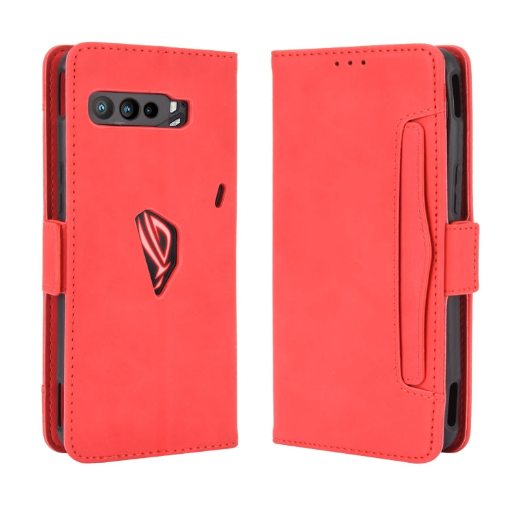 Red wallet-style leather phone case with card slot, front and back view