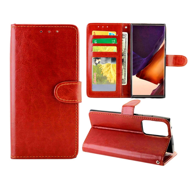 Brown leather flip phone case with card holder and wallet, side strap and stand