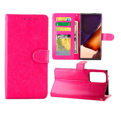 Magenta leather flip phone case with card slots and wallet, stand cover and side strap