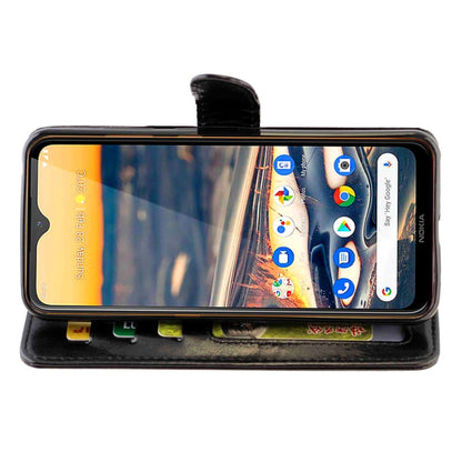 Black flip wallet phone case with card slots, stand for face-up viewing