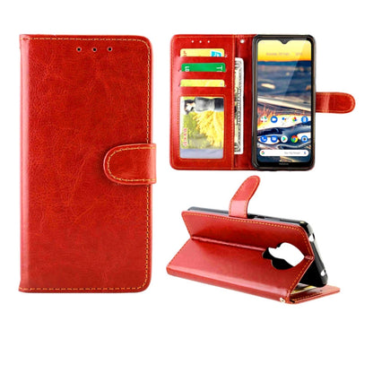 Red flip wallet phone case with card slots and stand, side hand strap