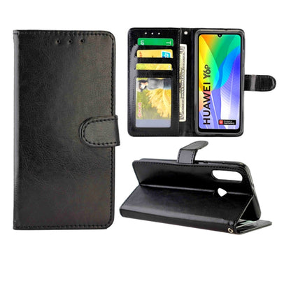 Black leather flip phone case with card slots and wallet, stand and side handle