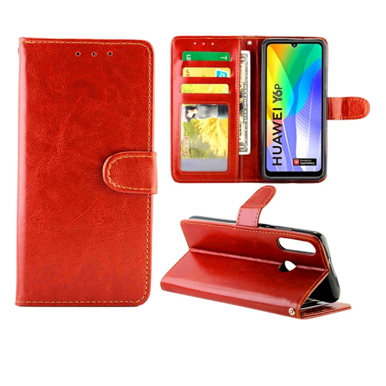 Brown leather flip phone case with card slots, wallet flap, and viewing stand