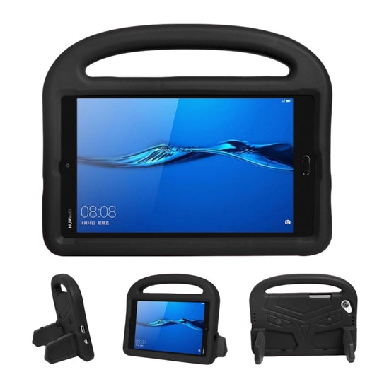 Black kids shockproof tablet case with handle, front handgrip and viewing screen opening