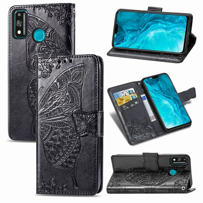 For Huawei Honor 9X Lite Butterfly Love Flower Embossed Horizontal Flip Leather Case with Bracket / Card Slot / Wallet / Lanyard, Black, Blue, Gray, Lighte Purple, Rose Gold, Dark Purple, Pink