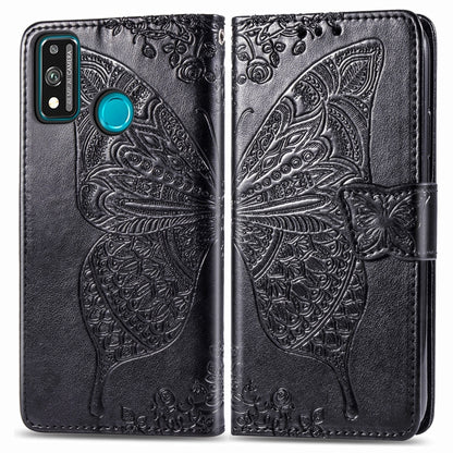 For Huawei Honor 9X Lite Butterfly Love Flower Embossed Horizontal Flip Leather Case with Bracket / Card Slot / Wallet / Lanyard, Black, Blue, Gray, Lighte Purple, Rose Gold, Dark Purple, Pink