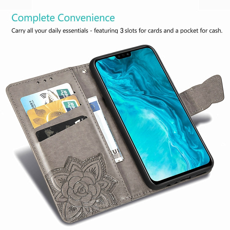 For Huawei Honor 9X Lite Butterfly Love Flower Embossed Horizontal Flip Leather Case with Bracket / Card Slot / Wallet / Lanyard, Black, Blue, Gray, Lighte Purple, Rose Gold, Dark Purple, Pink