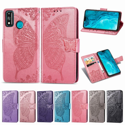 For Huawei Honor 9X Lite Butterfly Love Flower Embossed Horizontal Flip Leather Case with Bracket / Card Slot / Wallet / Lanyard, Black, Blue, Gray, Lighte Purple, Rose Gold, Dark Purple, Pink