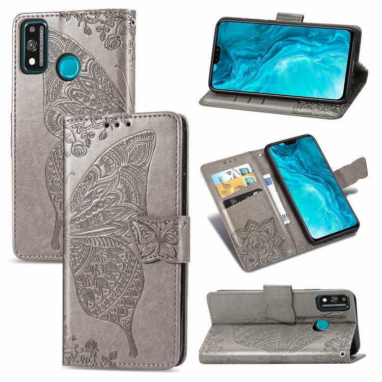For Huawei Honor 9X Lite Butterfly Love Flower Embossed Horizontal Flip Leather Case with Bracket / Card Slot / Wallet / Lanyard, Black, Blue, Gray, Lighte Purple, Rose Gold, Dark Purple, Pink