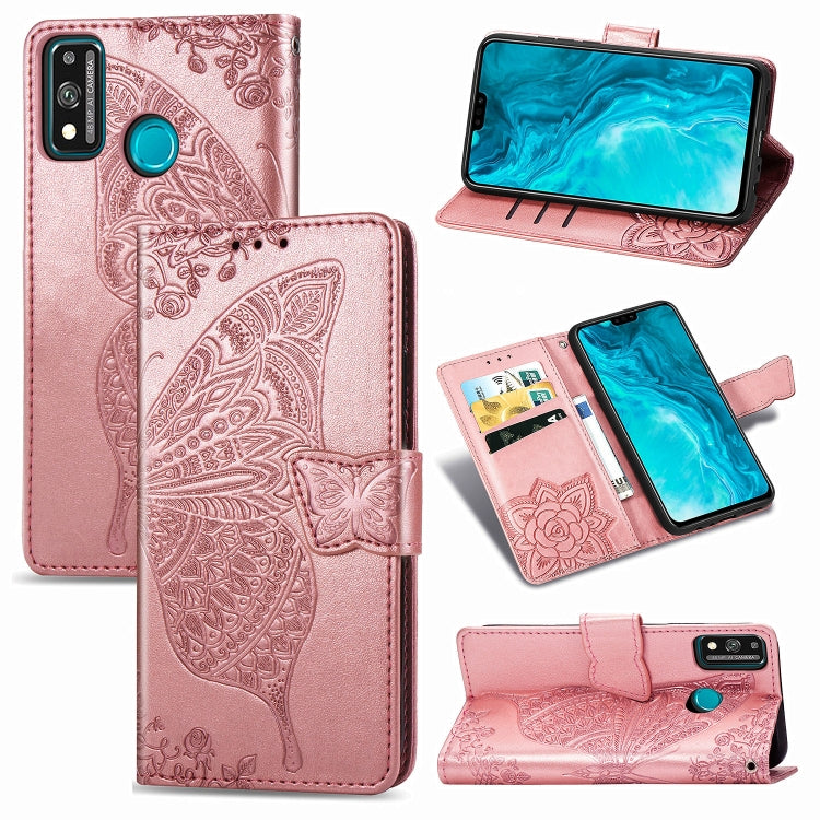 For Huawei Honor 9X Lite Butterfly Love Flower Embossed Horizontal Flip Leather Case with Bracket / Card Slot / Wallet / Lanyard, Black, Blue, Gray, Lighte Purple, Rose Gold, Dark Purple, Pink