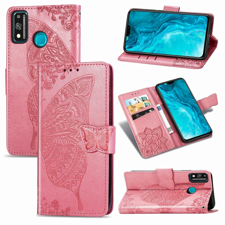 For Huawei Honor 9X Lite Butterfly Love Flower Embossed Horizontal Flip Leather Case with Bracket / Card Slot / Wallet / Lanyard, Black, Blue, Gray, Lighte Purple, Rose Gold, Dark Purple, Pink