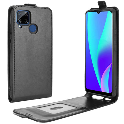 Black vertical flip leather phone case with card slot and photo window, open view