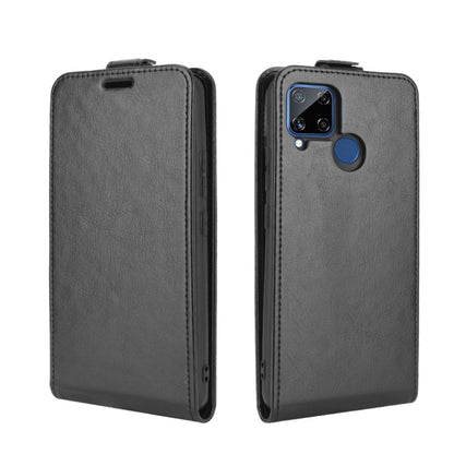 Black vertical flip leather phone case, closed front and back views