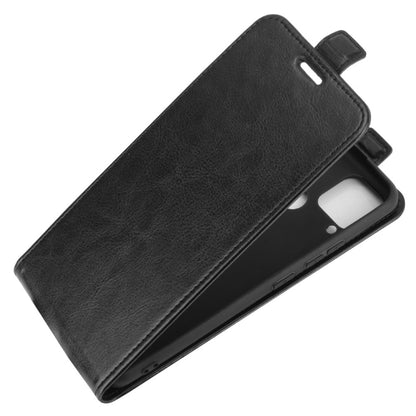 Black vertical flip leather phone case with front cover, angled view