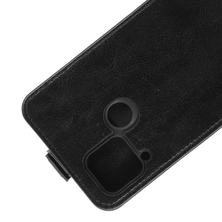 Black leather phone case close-up with cutout for camera and flash