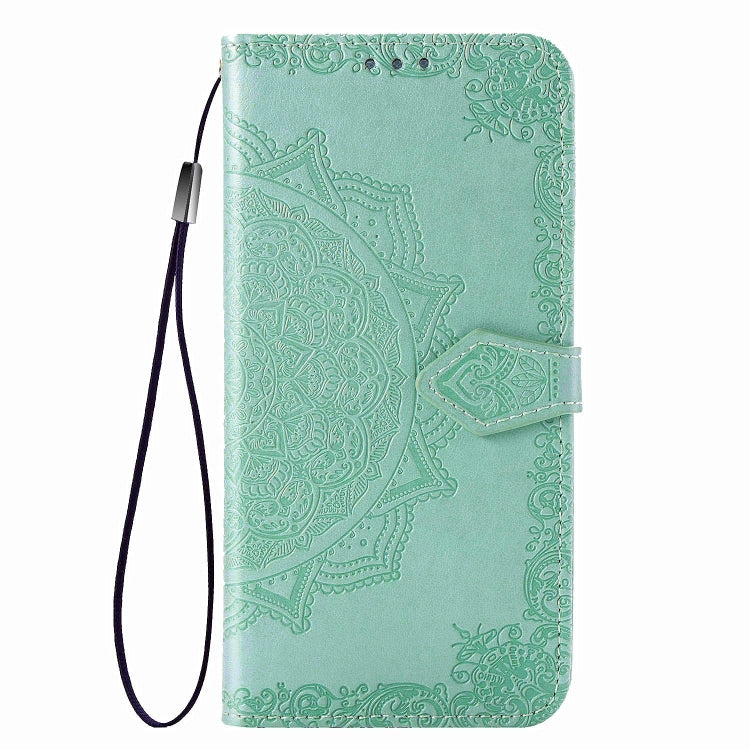 Mint green embossed flip leather phone case with lanyard strap and card holder flap