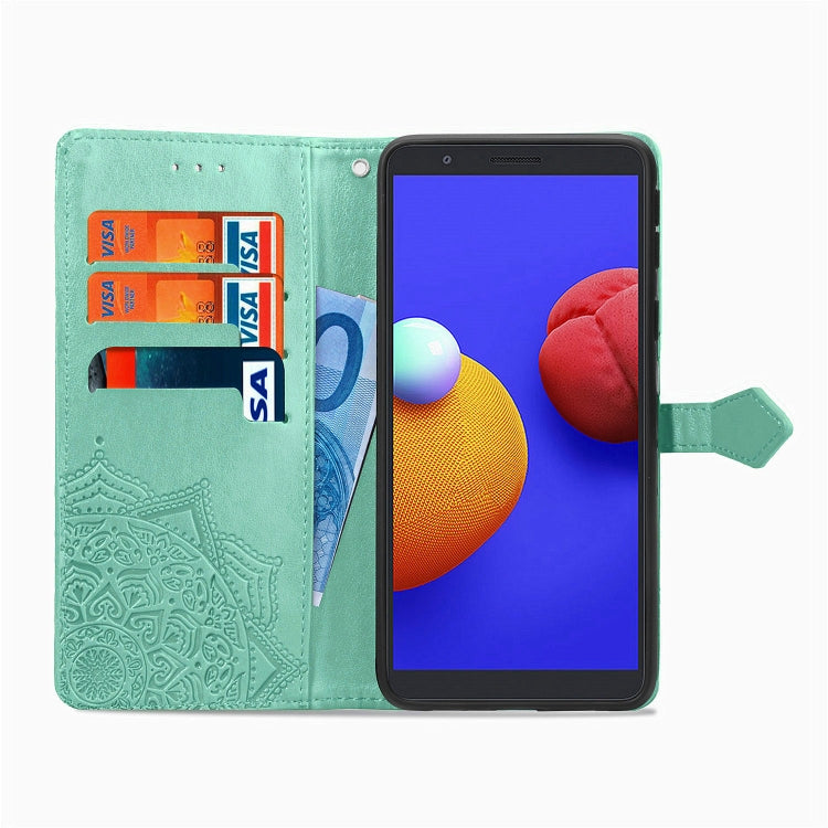 Mint green embossed flip leather phone wallet case with card pockets and opened viewing cover