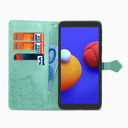 Mint green embossed flip leather phone wallet case with card pockets and opened viewing cover