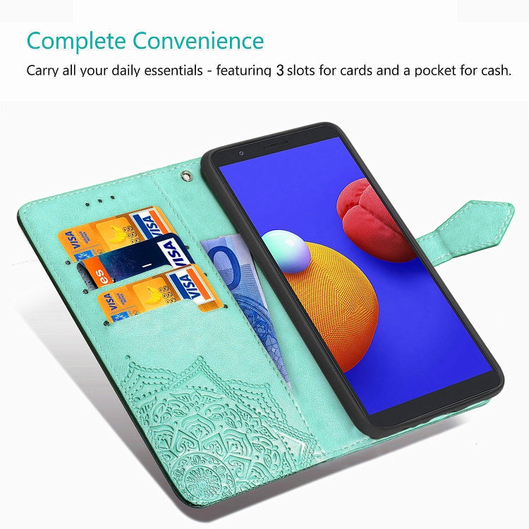Mint green embossed flip leather phone wallet case with card slots and cash pocket