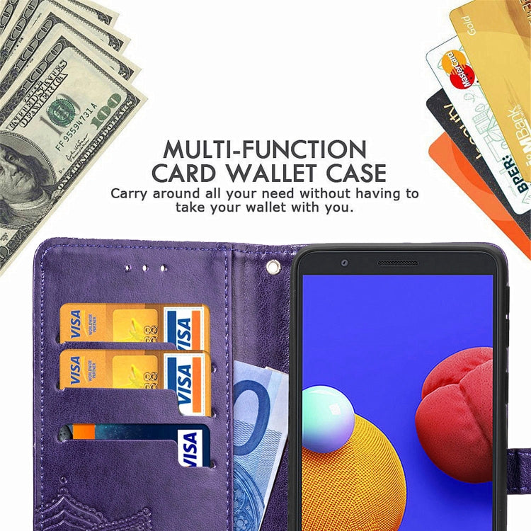 Purple embossed flip leather phone wallet case with visible card slots and inner pocket